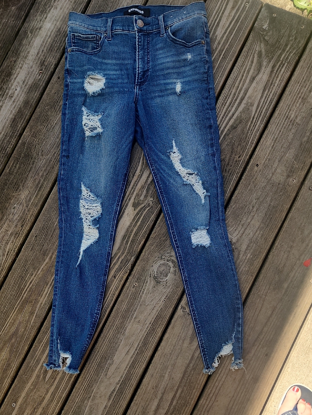Express Denim Perfect  Dark Blue Size 4 Ankle High Rise Distressed Skinny Jeans